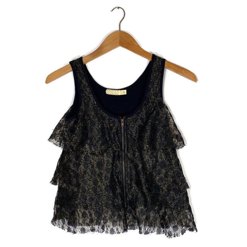 Pins And Needles Sz XS Tank Top Tiered Ruffle Black Gold Shiny Urban Outfitters